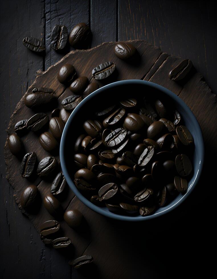 Coffee beans in a coffee cup on a wooden table. . photo