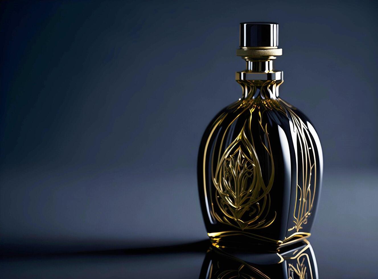 lujoso elegante Colonia perfume botella con dorado detallado grabado. generativo ai. foto