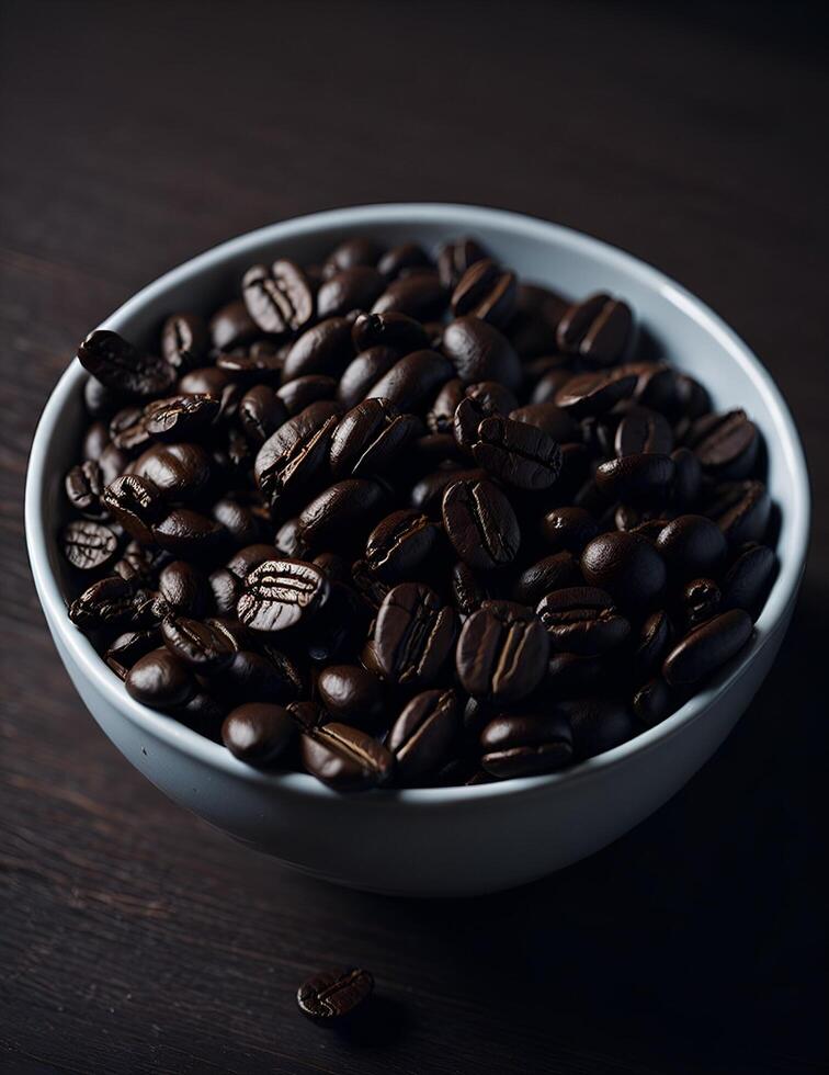 Brown coffee beans in a white bowl on wooden table. . photo