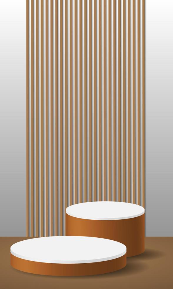 Realistic 3D brown wood white cylinder pedestal podium steps vertical wood pattern background stage showcase promotion display vector