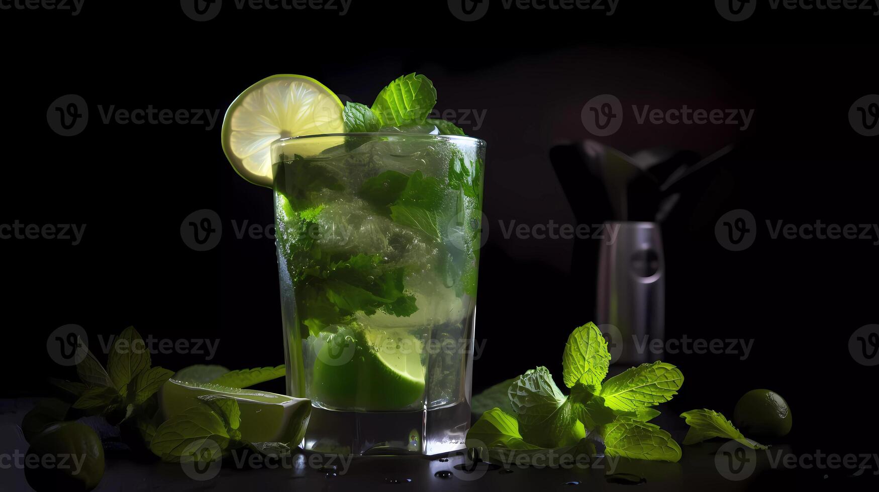 Mojito cocktail on a table in summer bar, Alcohol cocktails with Rum, lime, mint, ice cubes and brown sugar closeup, Party drink. Isolated on black background, selective focus photo