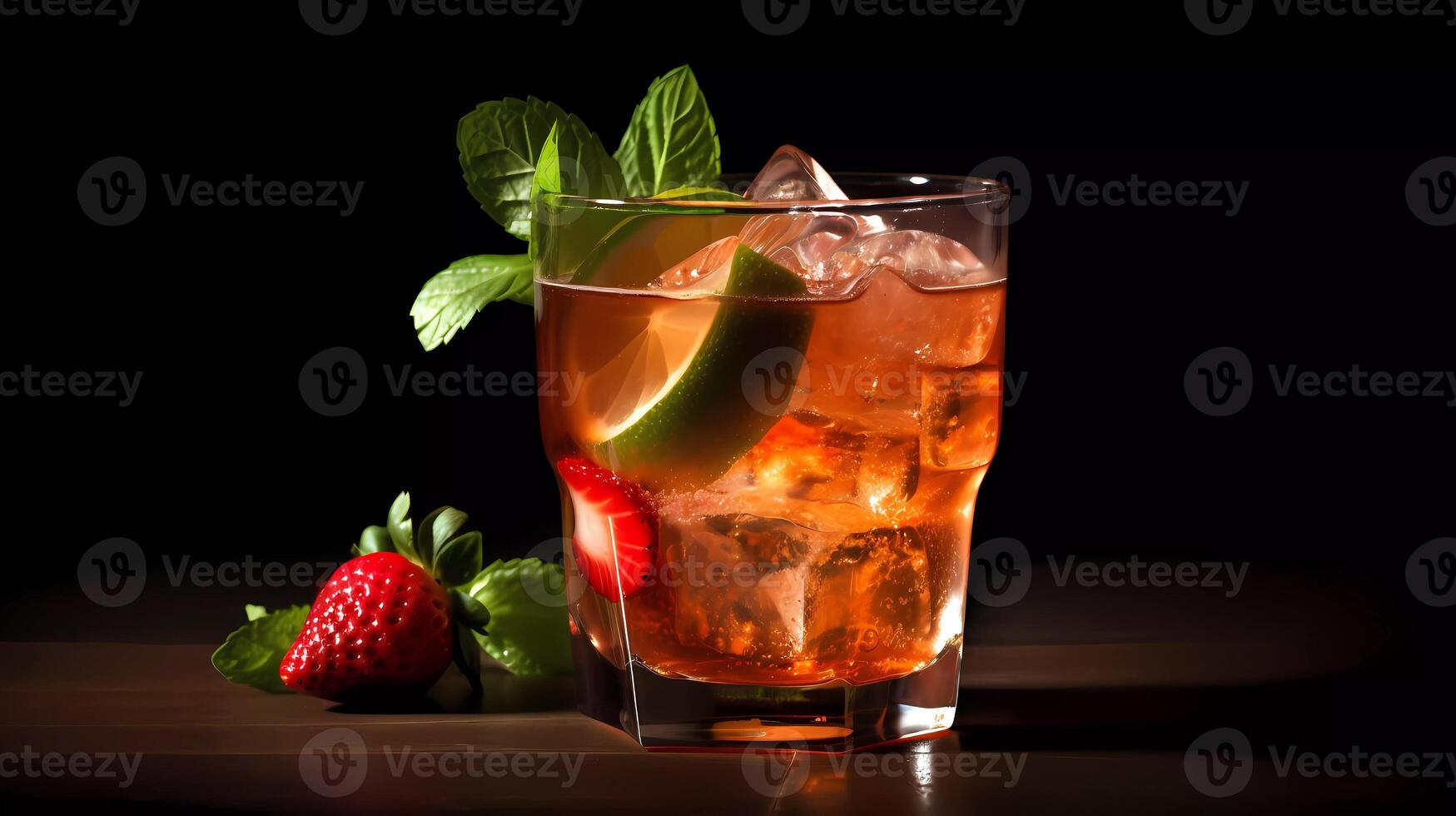 Mojito cocktail on a table in summer bar, Alcohol cocktails with Rum, lime, mint, ice cubes and brown sugar closeup, Party drink. Isolated on black background, selective focus photo