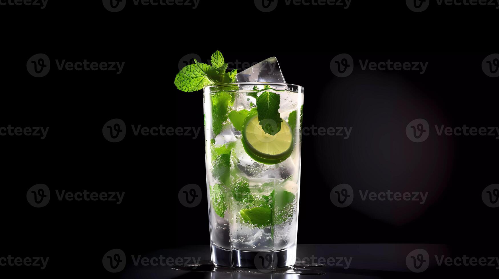 Mojito cocktail on a table in summer bar, Alcohol cocktails with Rum, lime, mint, ice cubes and brown sugar closeup, Party drink. Isolated on black background, selective focus photo