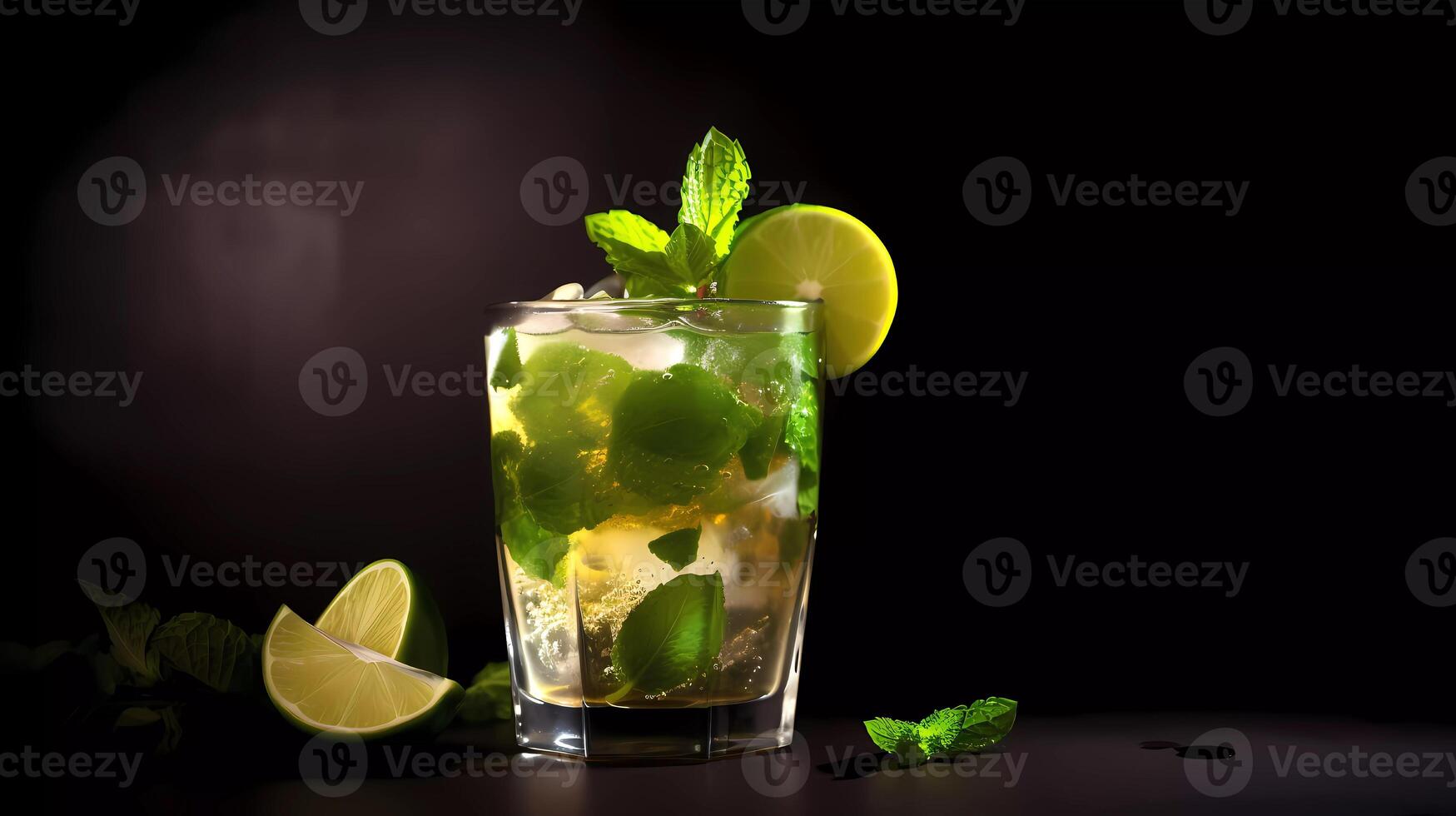 mojito cóctel en un mesa en verano bar, alcohol cócteles con Ron, Lima, menta, hielo cubitos y marrón azúcar de cerca, fiesta beber. aislado en negro fondo, selectivo atención generativo ai foto