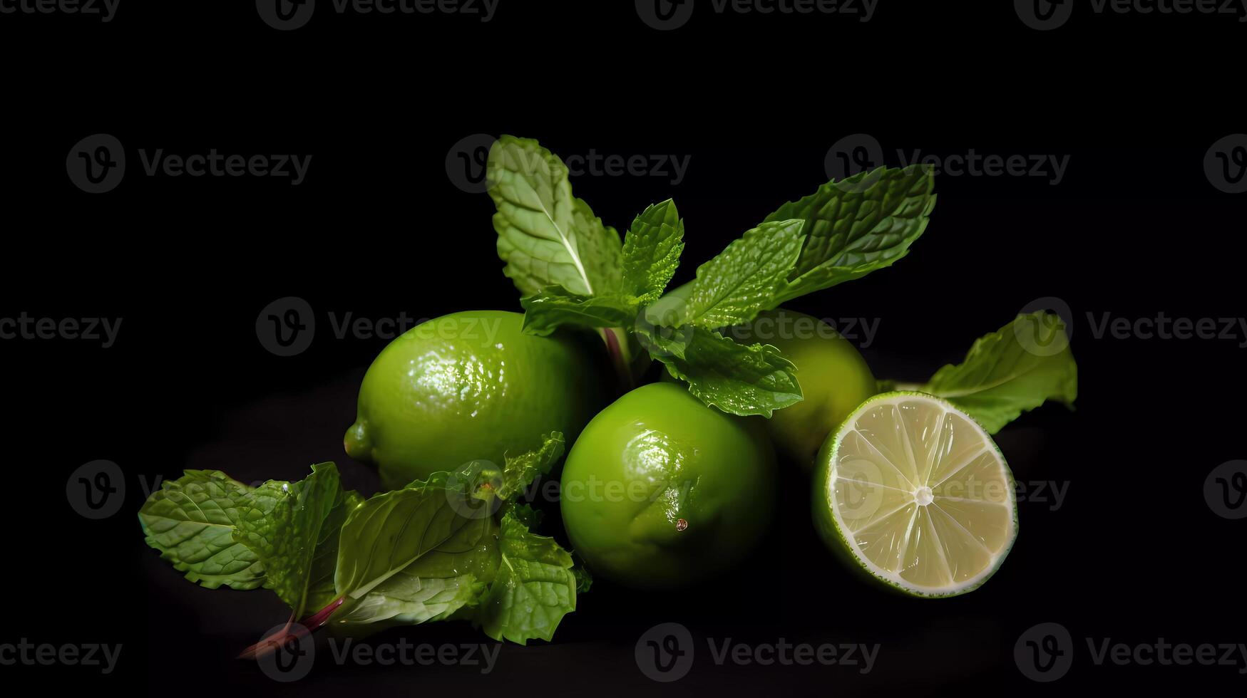 mojito cóctel en un mesa en verano bar, alcohol cócteles con Ron, Lima, menta, hielo cubitos y marrón azúcar de cerca, fiesta beber. aislado en negro fondo, selectivo atención generativo ai foto