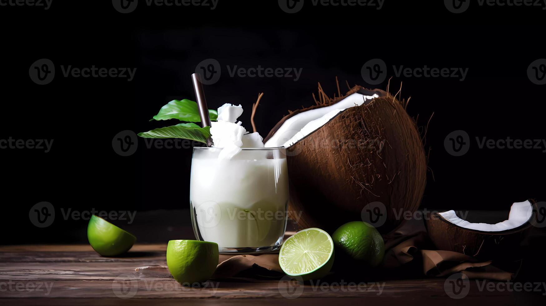 mojito cóctel en un mesa en verano bar, alcohol cócteles con Ron, Lima, menta, hielo cubitos y marrón azúcar de cerca, fiesta beber. aislado en negro fondo, selectivo atención generativo ai foto