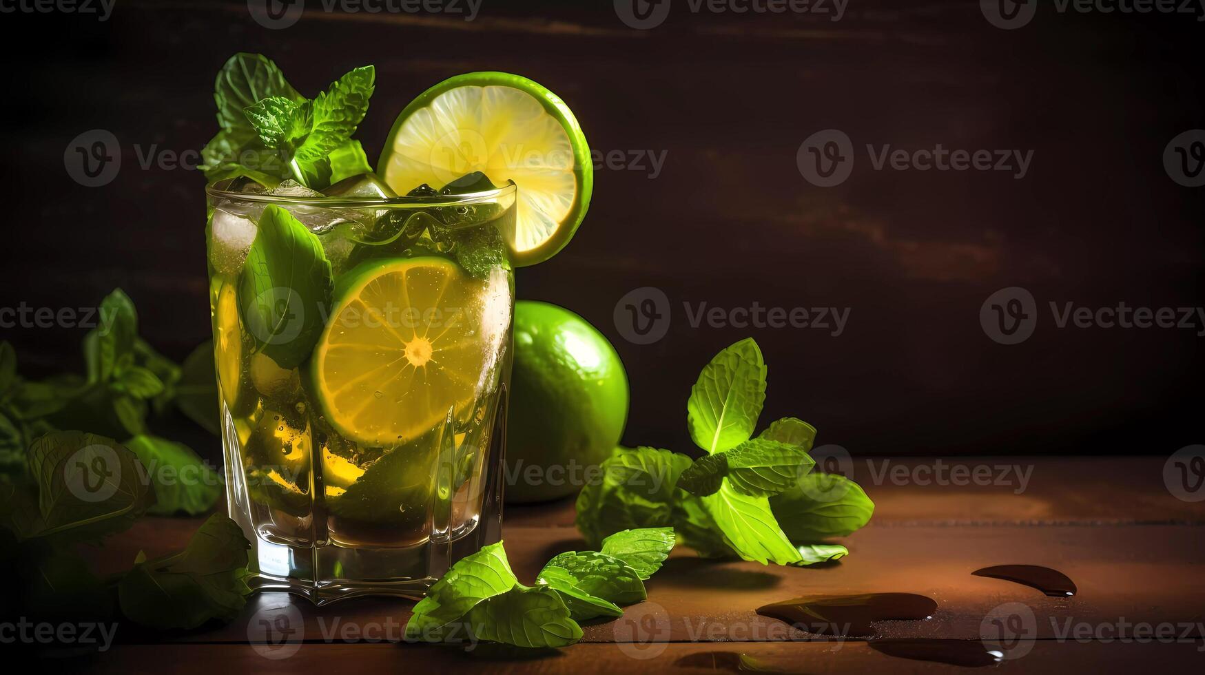 mojito cóctel en un mesa en verano bar, alcohol cócteles con Ron, Lima, menta, hielo cubitos y marrón azúcar de cerca, fiesta beber. aislado en negro fondo, selectivo atención generativo ai foto