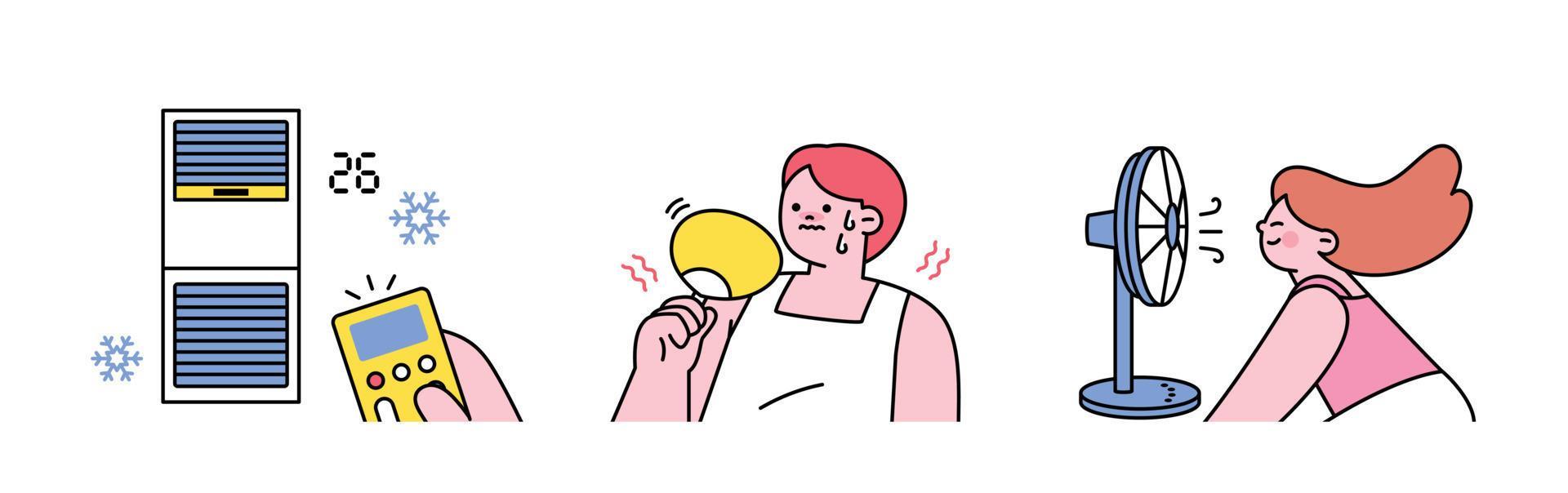 People enjoying summer. A cool air conditioner, a boy blowing a fan