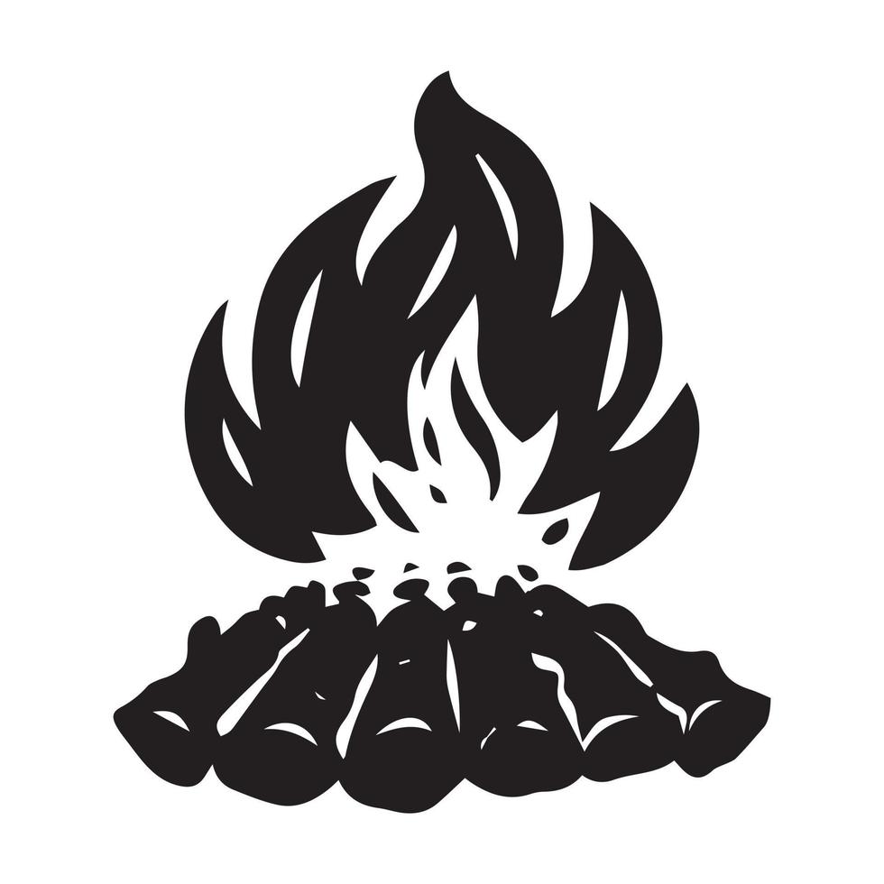 Vector black and white cartoon illustration of burning fire with wood.