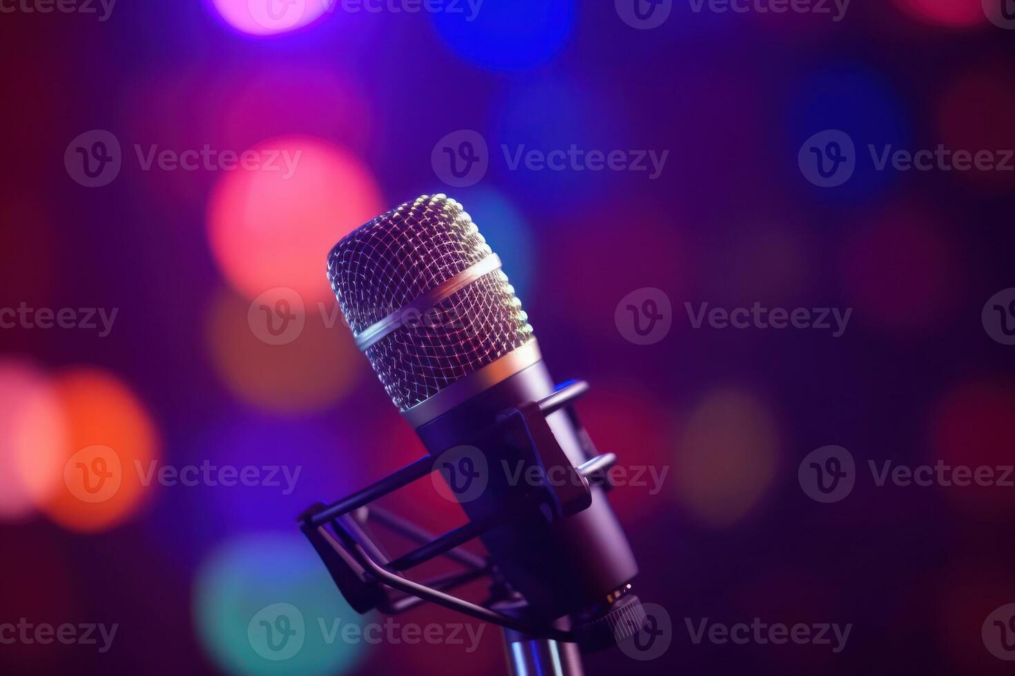 Studio Podcast Microphone on Blurry Neon Background photo