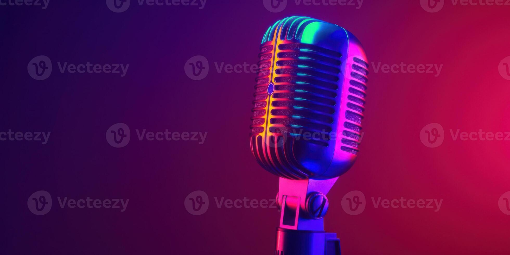 Studio Podcast Microphone on Gradient Neon Background photo