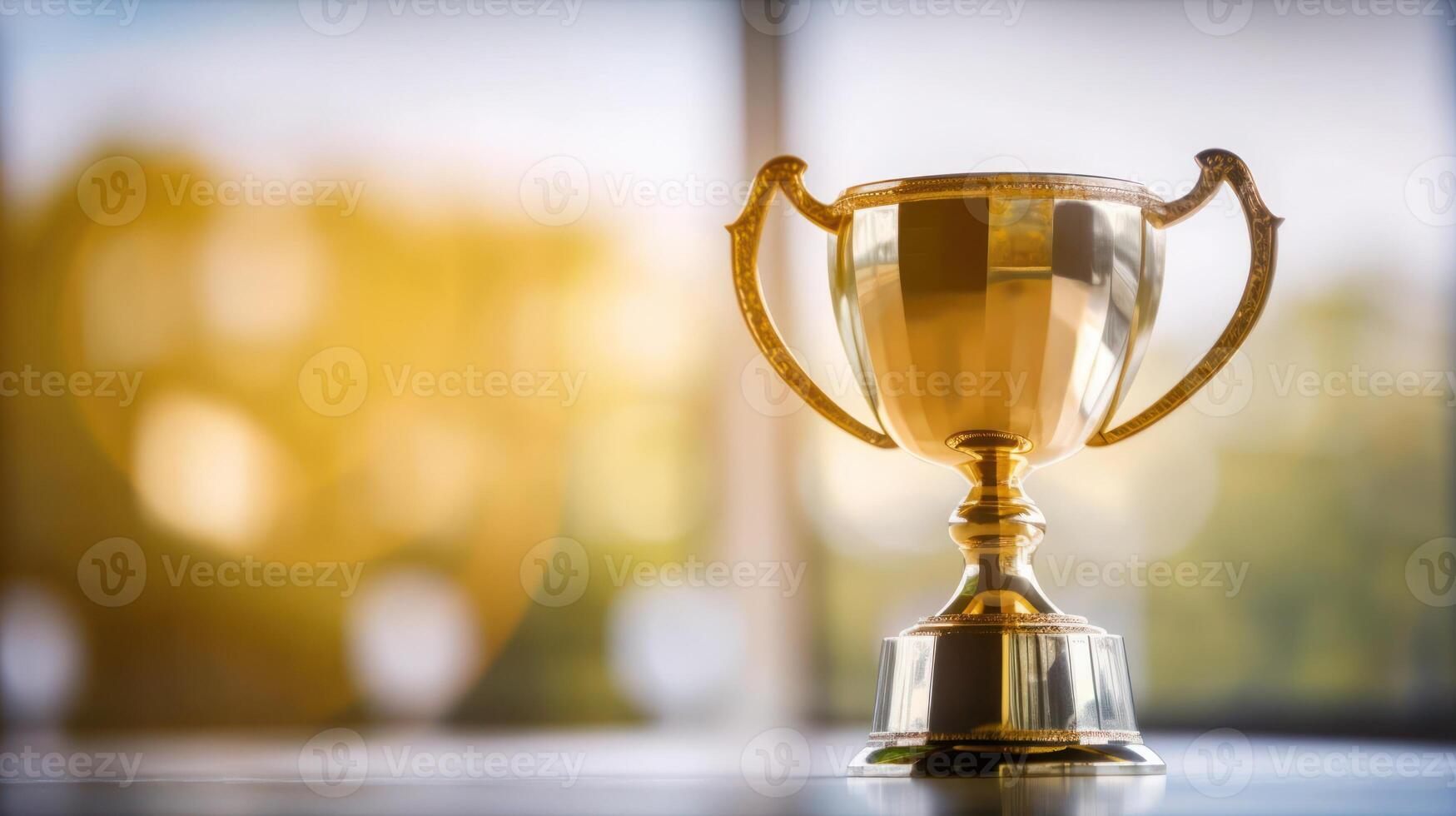 oro trofeo en mesa y borroso bokeh antecedentes foto