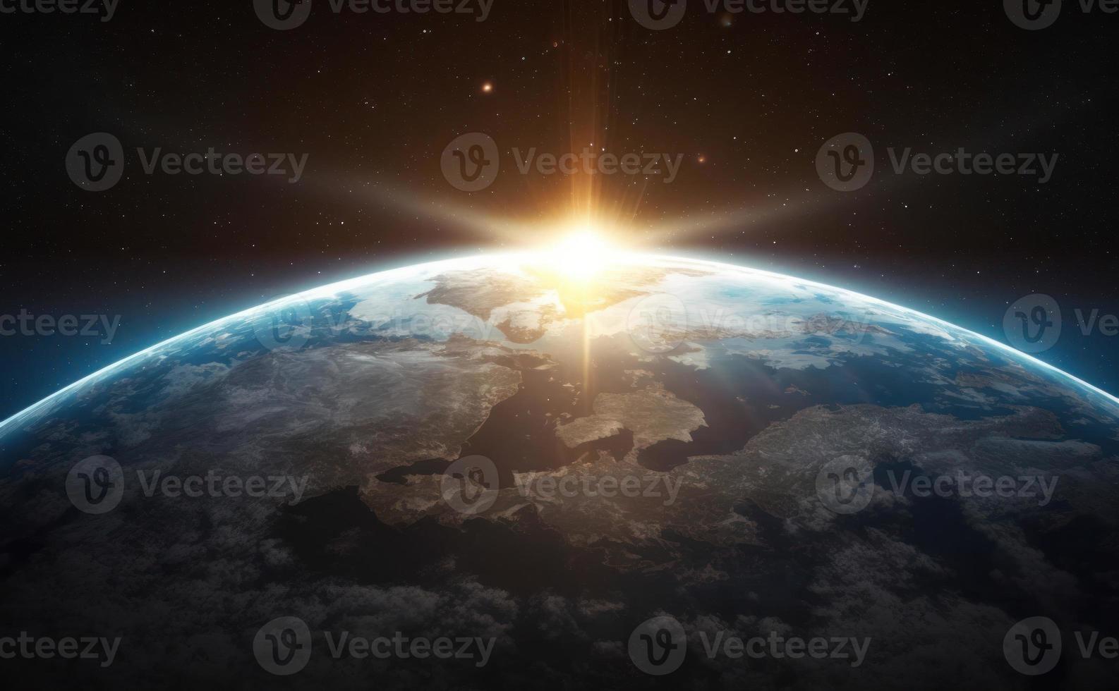 Nightly Earth planet in outer space with sun flare photo
