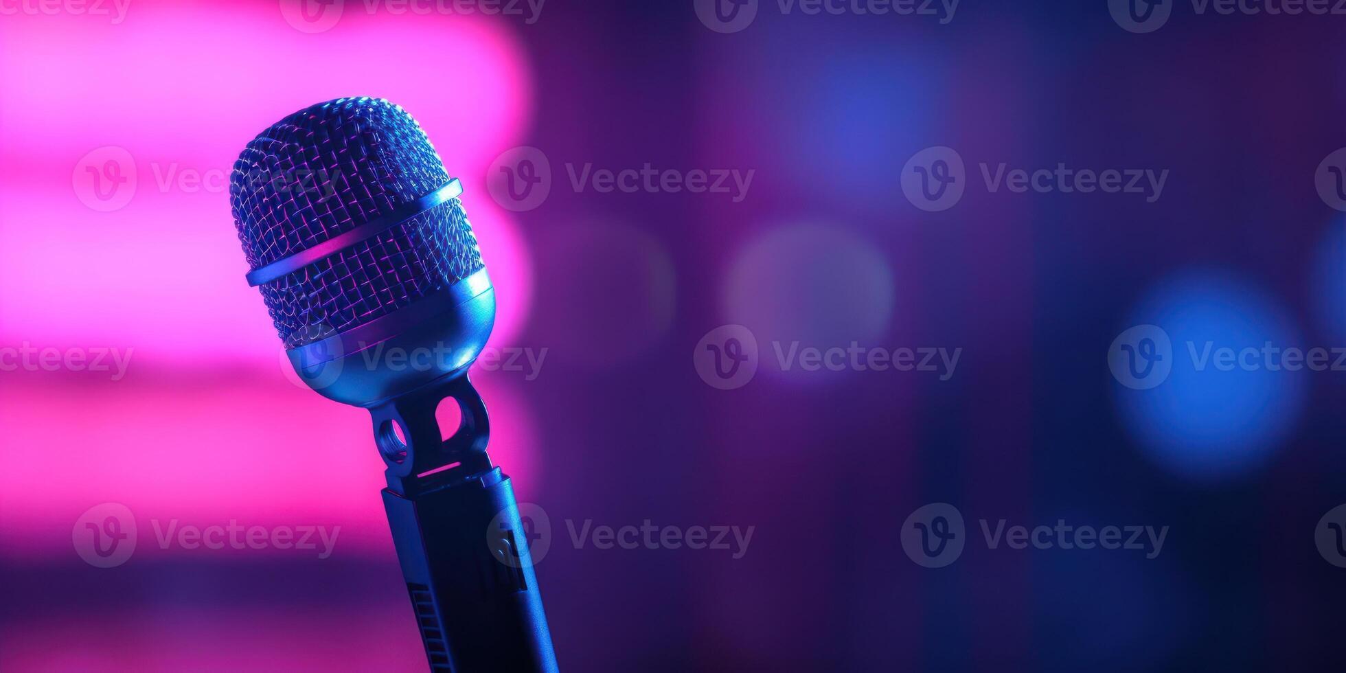 Studio Podcast Microphone on Blurry Neon Background photo