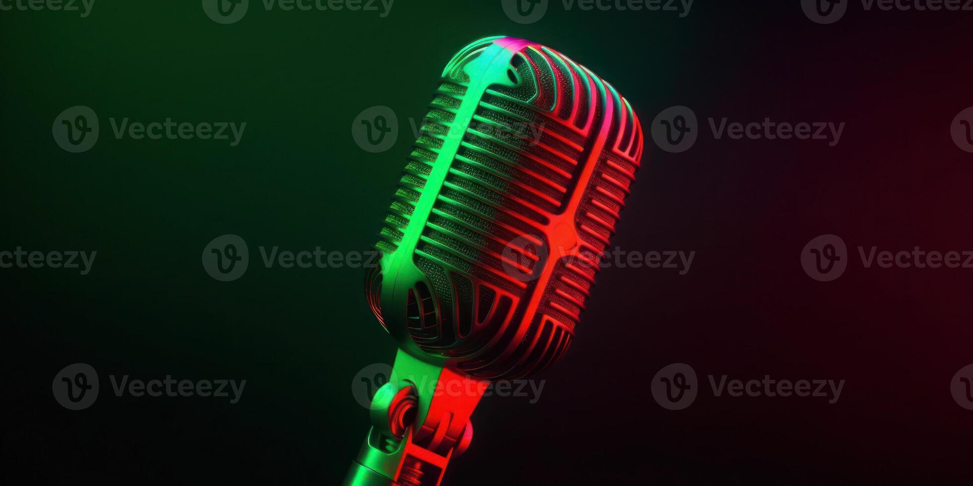 Studio Podcast Microphone on Blurry Neon Background photo