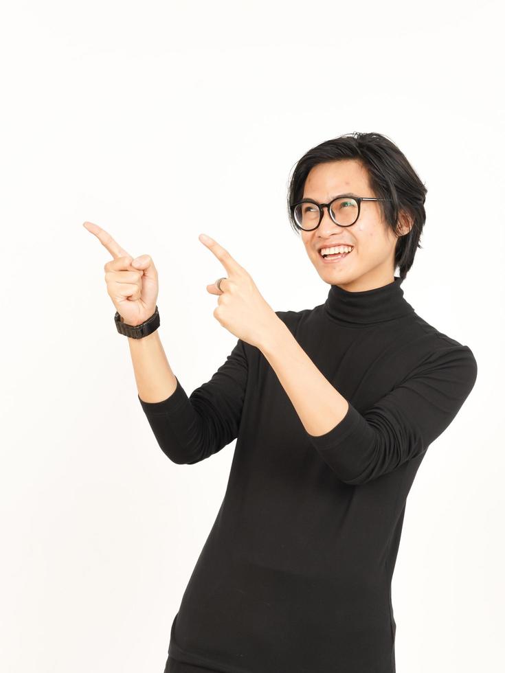 Showing Product and Pointing Side using forefinger Of Handsome Asian Man Isolated On White photo
