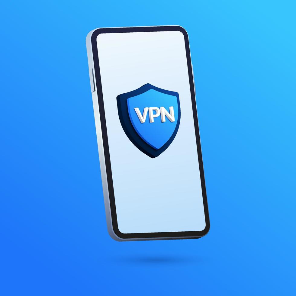 Smart phone VPN app. Cyber Security Concept. The blue shield symbolizes safety, security, and protection against cyber attacks, viruses, and unauthorized access. Protect your mobile data vector