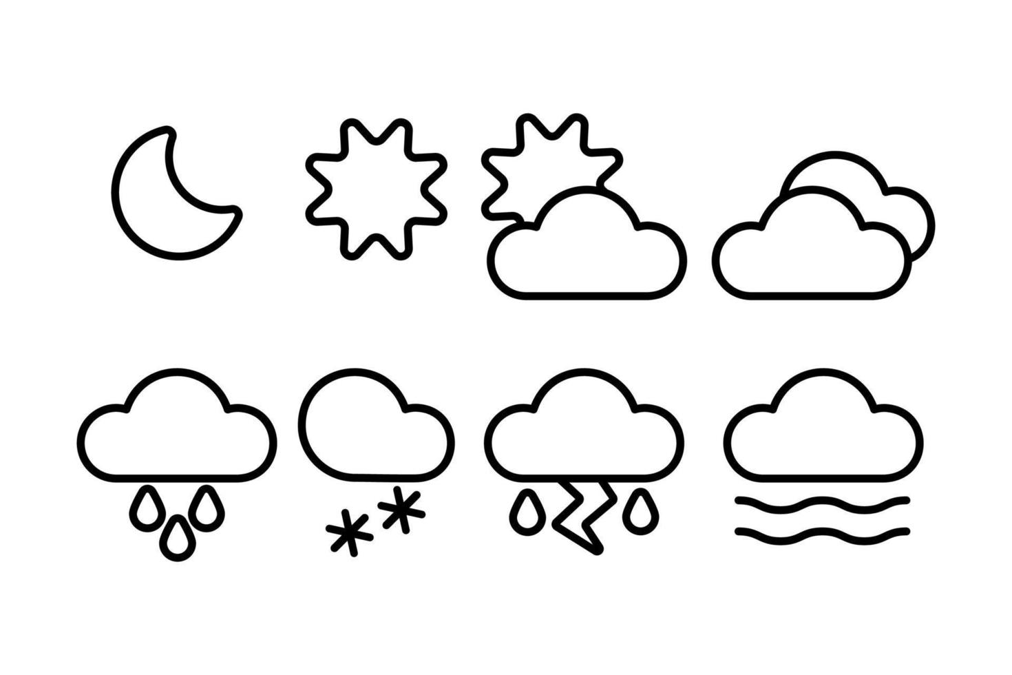 vector icono colección para clima pronóstico informes, presentando contorno y plano íconos para soleado, lluvioso, nublado, Nevado, y brumoso días. Perfecto para utilizar en clima aplicaciones, sitios web, y botones para web