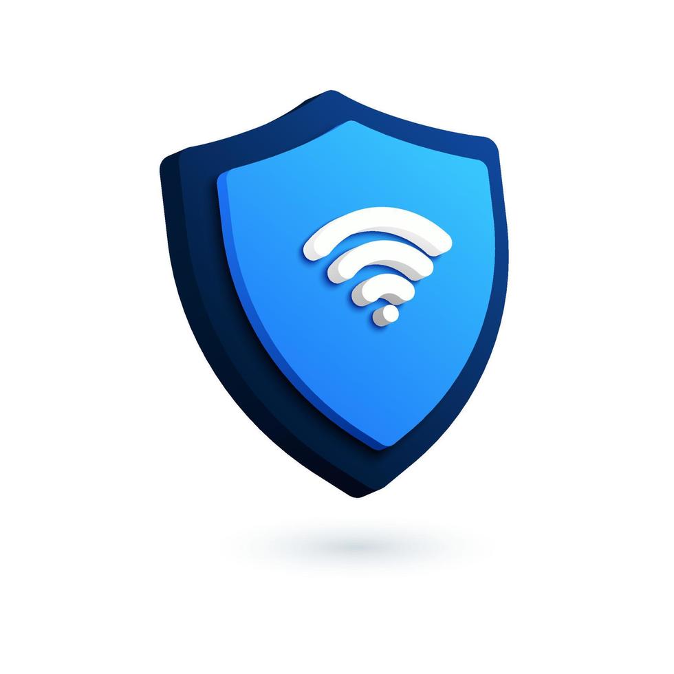 Technology security shield logo. 3D vector icon of lock, VPN and WIFI symbols. Digital authentication and proxy server connection illustration. Virtual private network, password protection