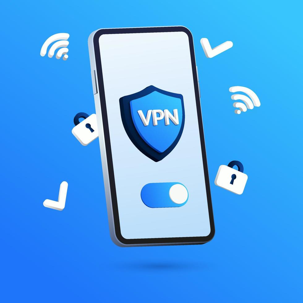 Vector illustration of a smartphone with a shield, padlock and check symbol, representing secure network and data protection. Privacy and safety on the internet using VPN.