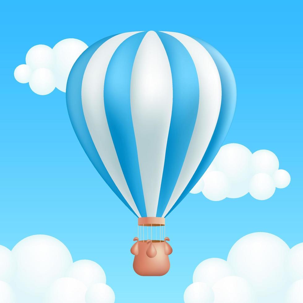 Hot air balloon floating high in blue sky. The 3D cartoon balloon with blue striped design. Perfect for posters, graphics and designs related to travel, tourism, adventure, recreation, exploration vector
