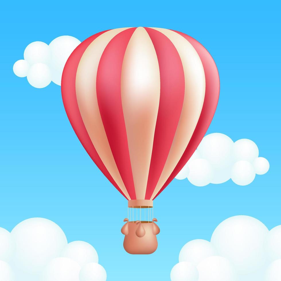 Hot air balloon floating high in the blue sky. The 3D cartoon balloon with red striped design. Perfect for posters, graphics and designs related to travel, tourism, adventure, recreation, exploration vector