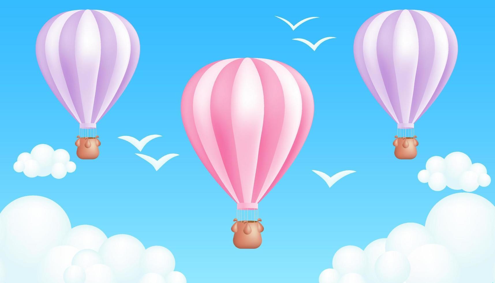 Realistic 3D cartoon vector illustration of a striped hot air balloon. Pastel colors. Perfect for outdoor activities, tourism, and summer fun, festival banners and children's illustrations