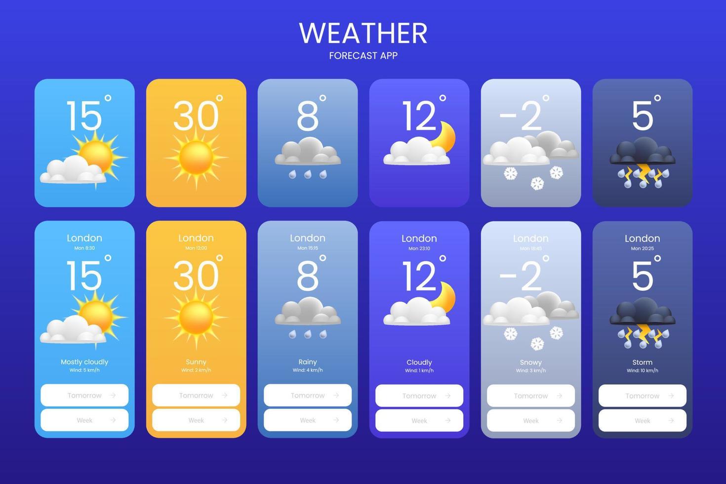 Set of meteorological 3d cartoon icons of rain, thunderstorm, cloudy, clear Suitable for weather apps, templates, widgets, icons or illustrations. AI UX app screen design, mobile interfaces. vector