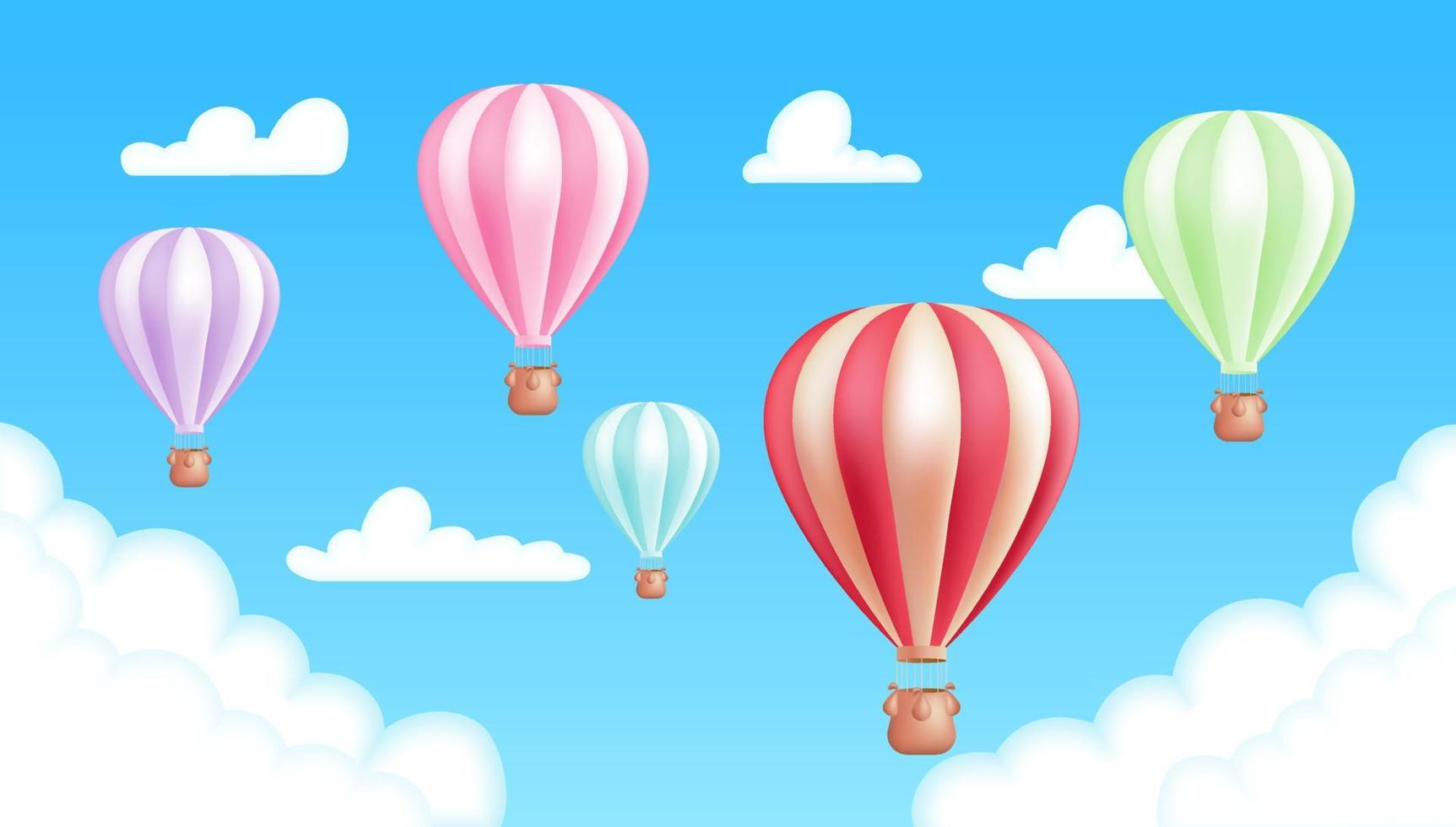 realista 3d vector ilustración de un vistoso caliente aire globos en un azul cielo antecedentes con nubes aventura, recreación, y viajar, con un dirigible volador. linda niños dibujos animados imagen.