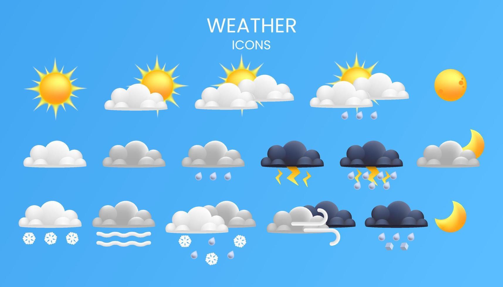 Featuring realistic and cartoon 3D icons of sun, moon, rain, snow, clouds and thunderstorms, this set is perfect for weather interfaces, weather app or website vector