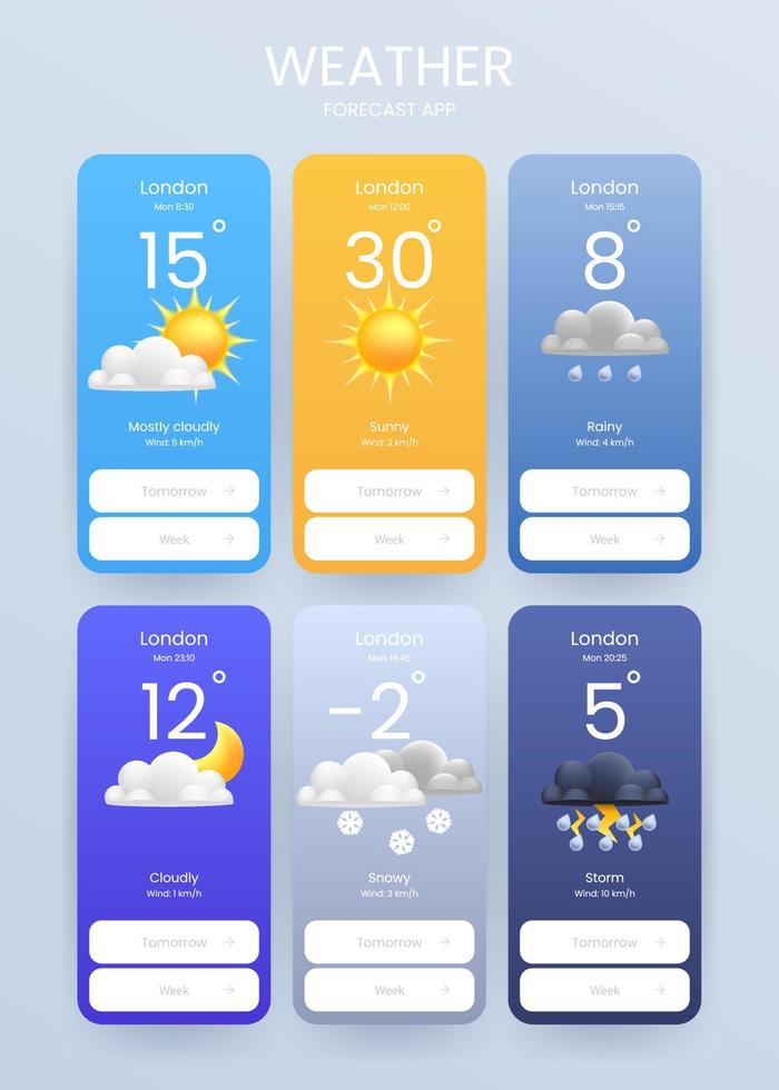 Set of meteorological 3d icons of rain, thunderstorm, cloudy, clear Suitable for weather apps, templates, widgets, icons or illustrations. Works for mobile apps, websites, smartphones, desktop vector