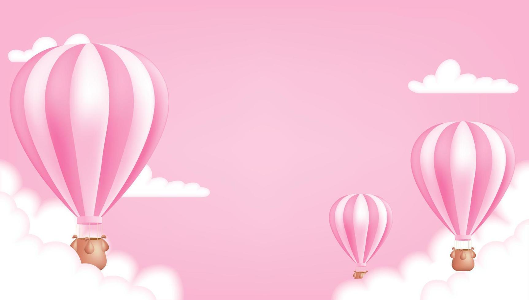 un caliente aire globo en el rosado antecedentes. linda pastel niños ilustración Perfecto para un póster, invitación o tarjeta. vector ilustración modelo para cumpleaños aniversarios, y bebé duchas
