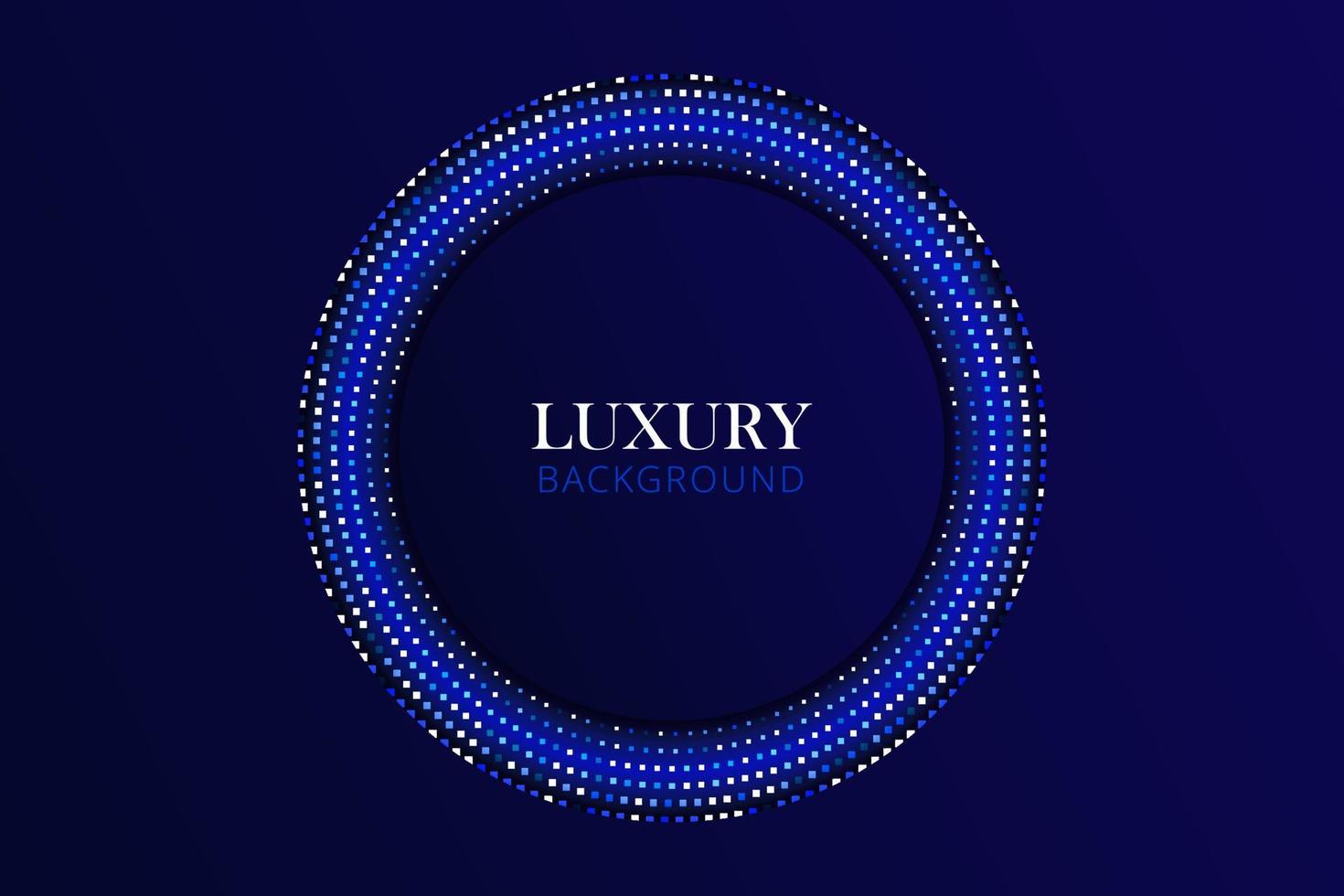 Luxury shining round template. The abstract blue background features a mosaic accented by glittering particles and halftone squares. The glowing gradient effect adds magic to this modern design vector