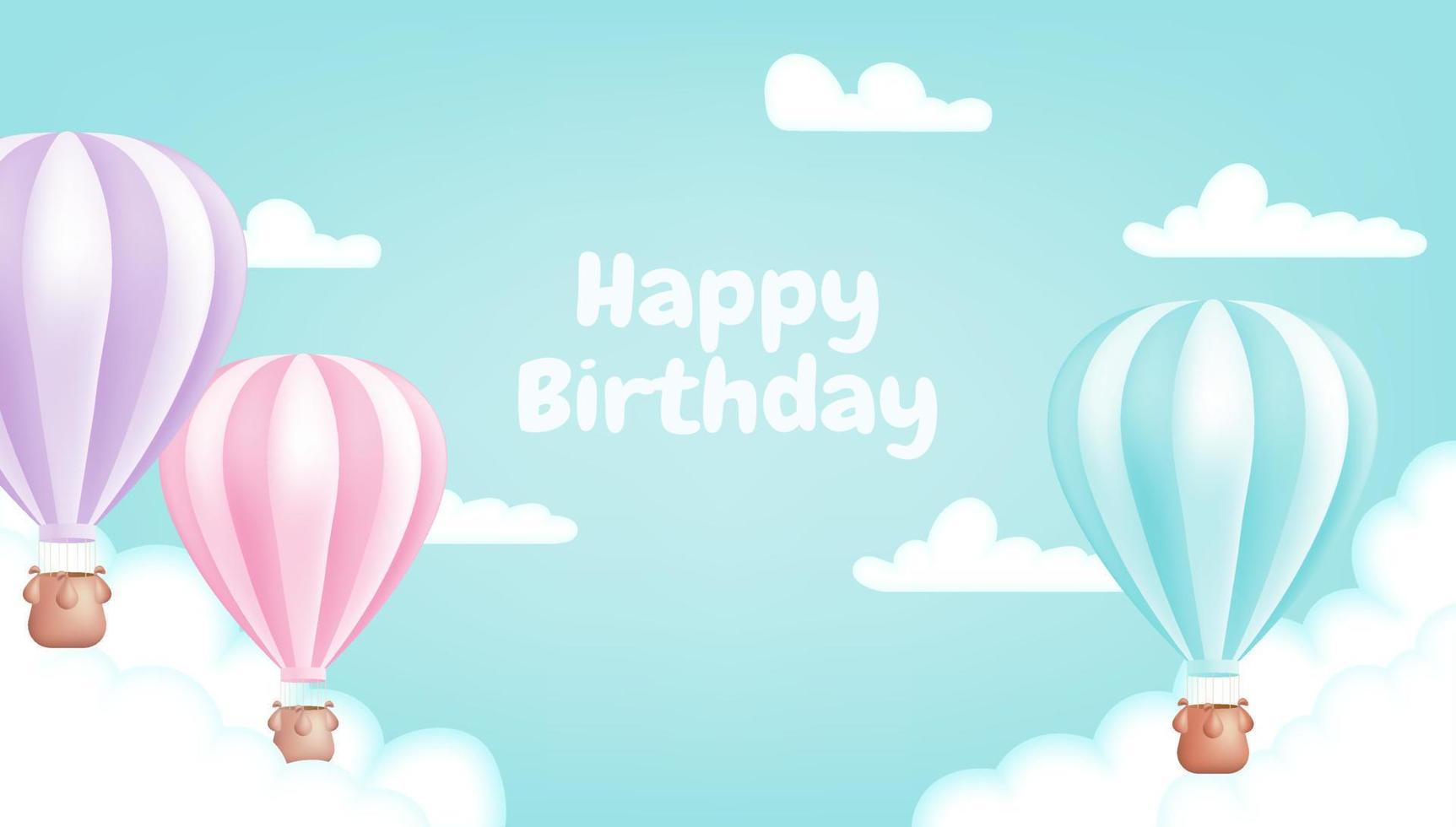 A hot air balloon on the blue background. Cute pastel children illustration perfect for a poster, invitation or card. Vector illustration template for birthday anniversaries, and baby showers.