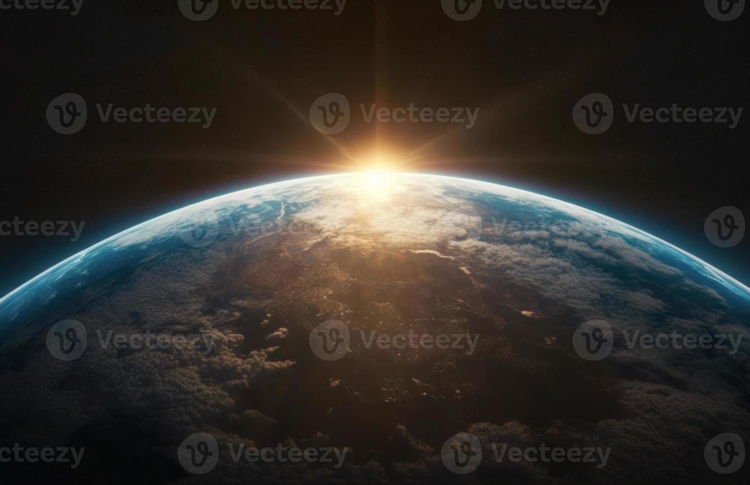 Nightly Earth planet in outer space with sun flare photo