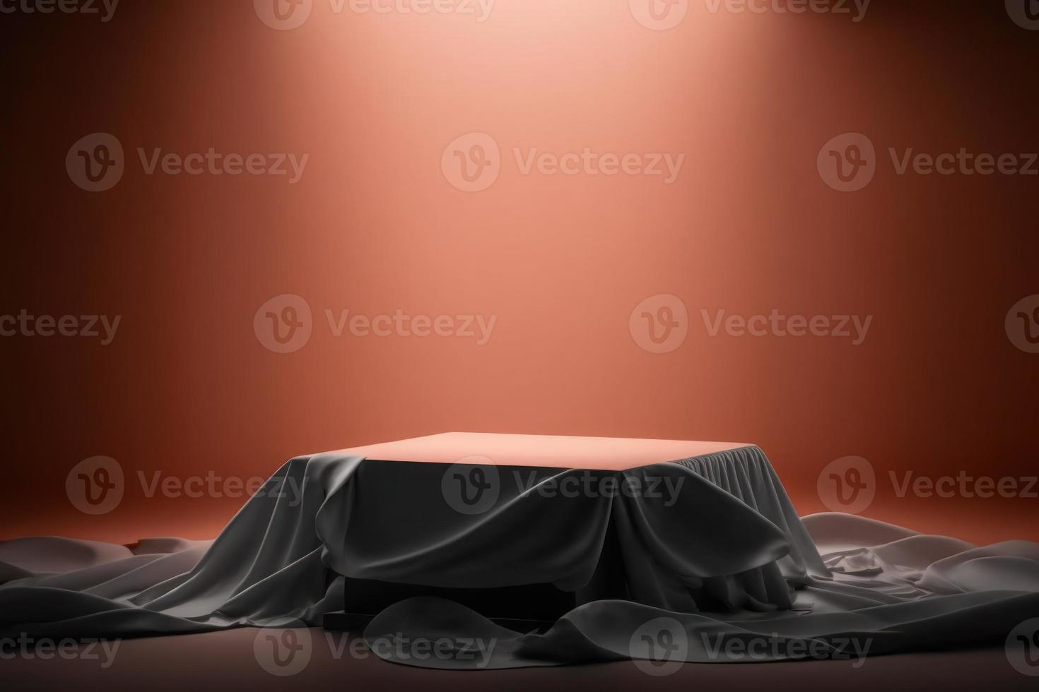 Empty podium covered with curtain on dark background photo