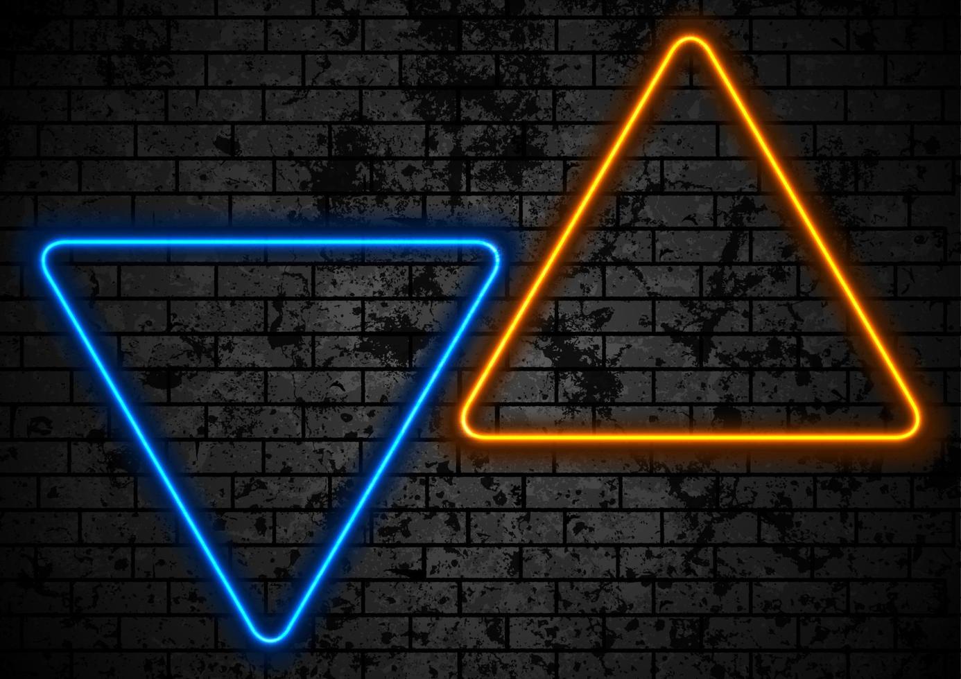Orange and blue neon triangles on dark grunge brick wall background vector