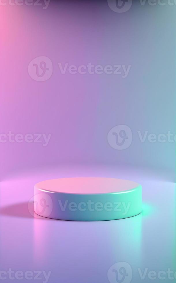 Empty cylinder podium on neon background for product display photo