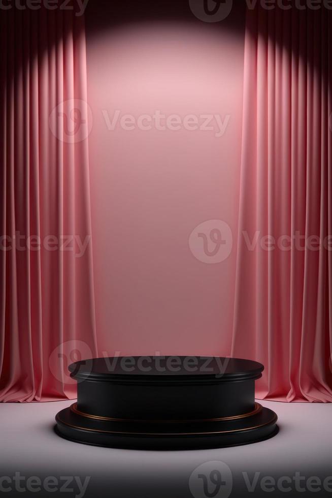 Empty pink podium with curtains on dark wall for product display photo