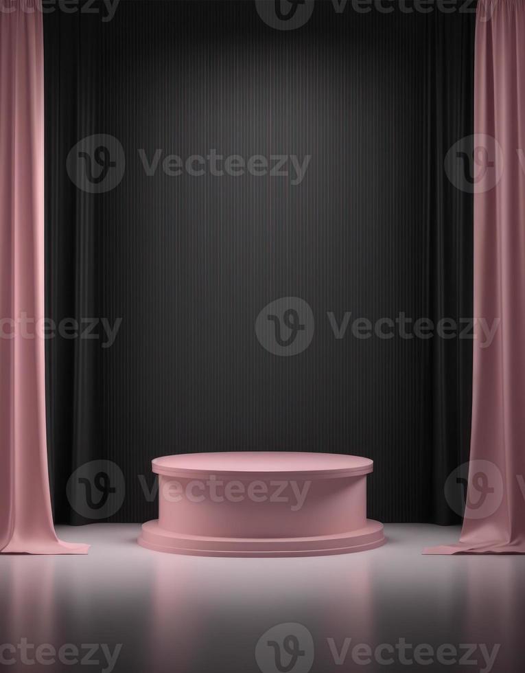 vacío rosado podio con cortinas en oscuro pared para producto monitor foto
