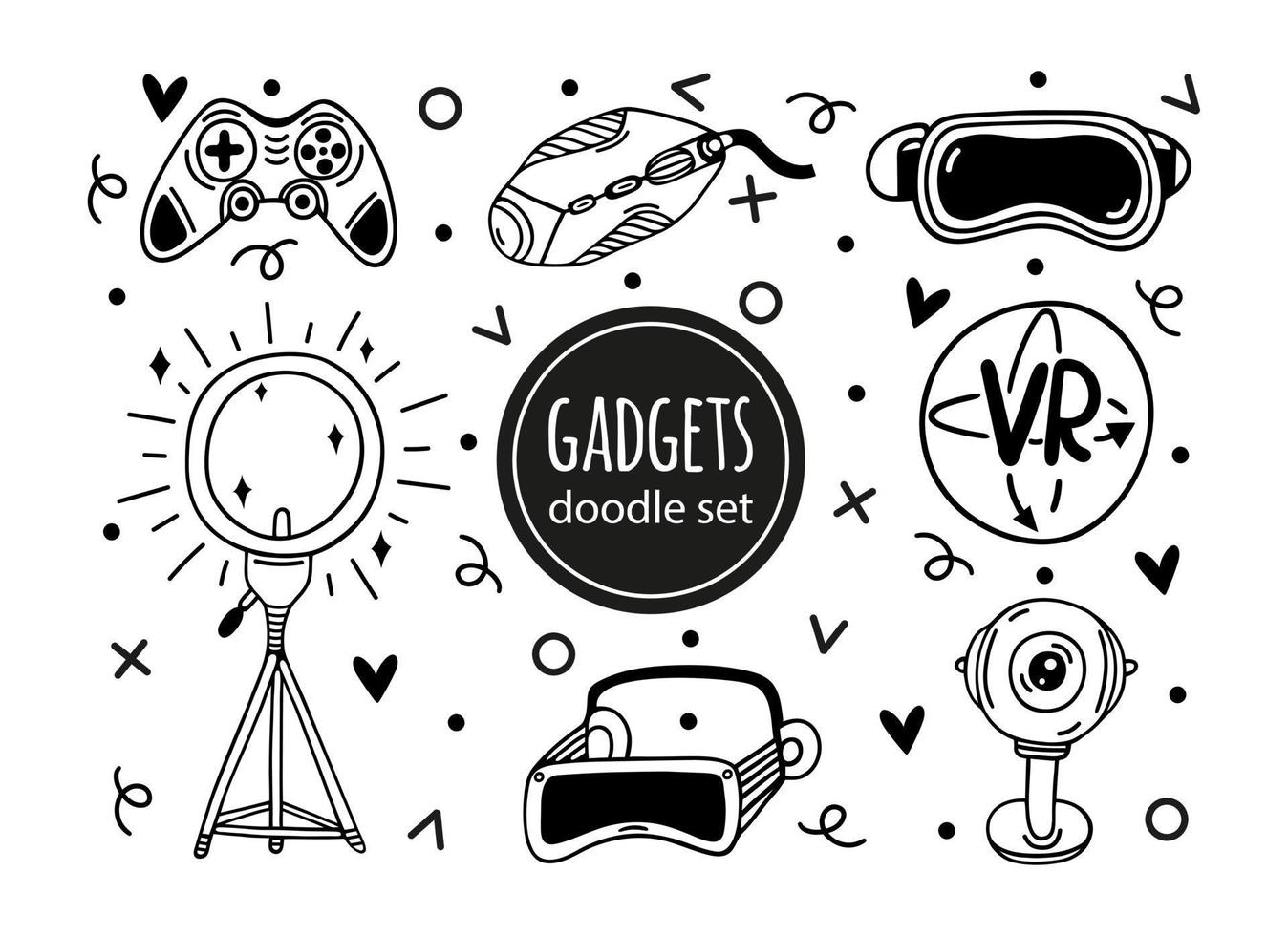 vr artilugio vector colocar. lentes de virtual y aumentado realidad, palanca de mando, anillo lámpara, cámara web, ordenador personal ratón. dispositivos para juego de azar, transmisión, blogueando moderno tecnología. clipart para logo, aplicaciones, huellas dactilares