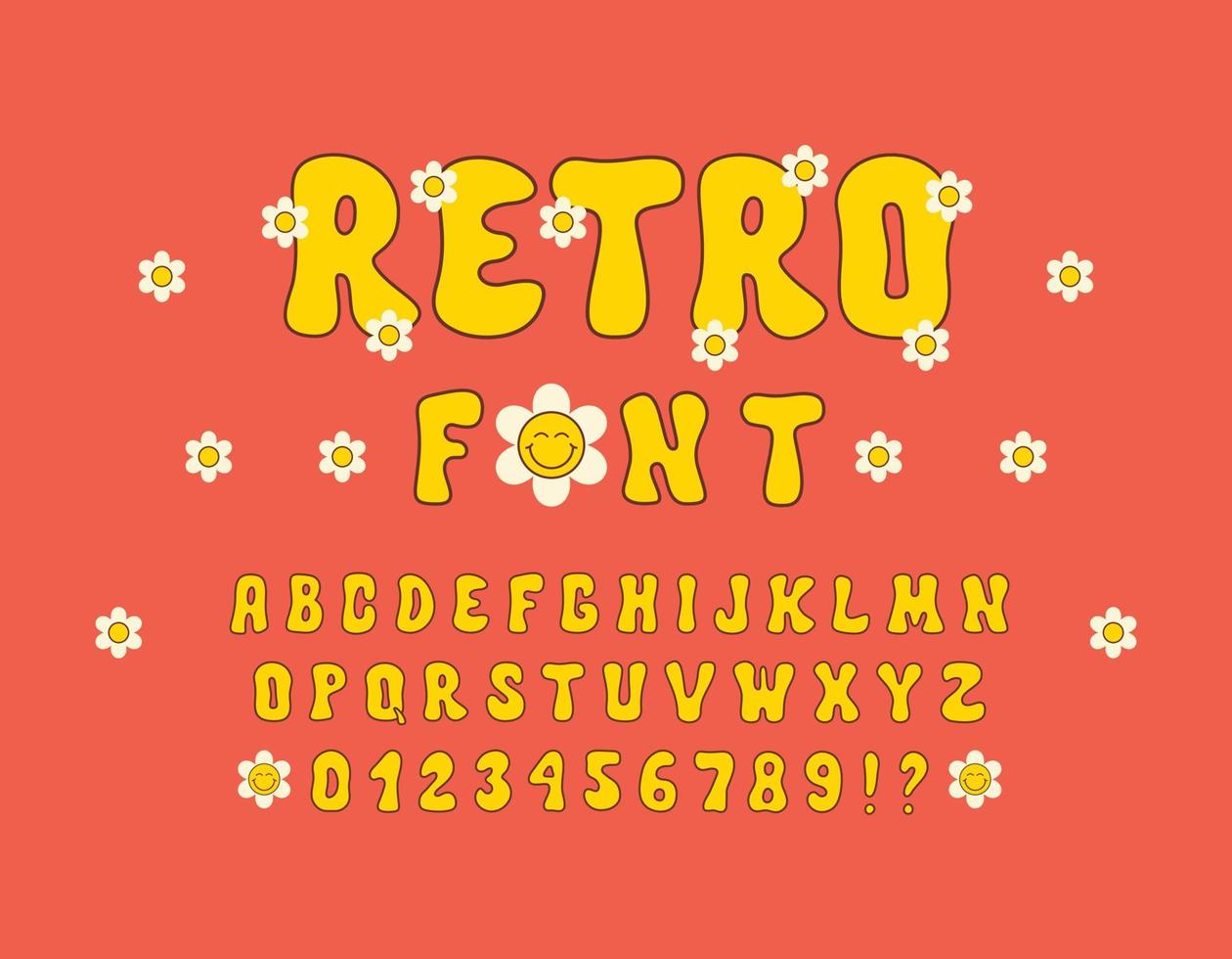 Hippie hand drawn font in style retro 60s, 70s. Trendy psychedelic alphabet. Vector cartoon illustration