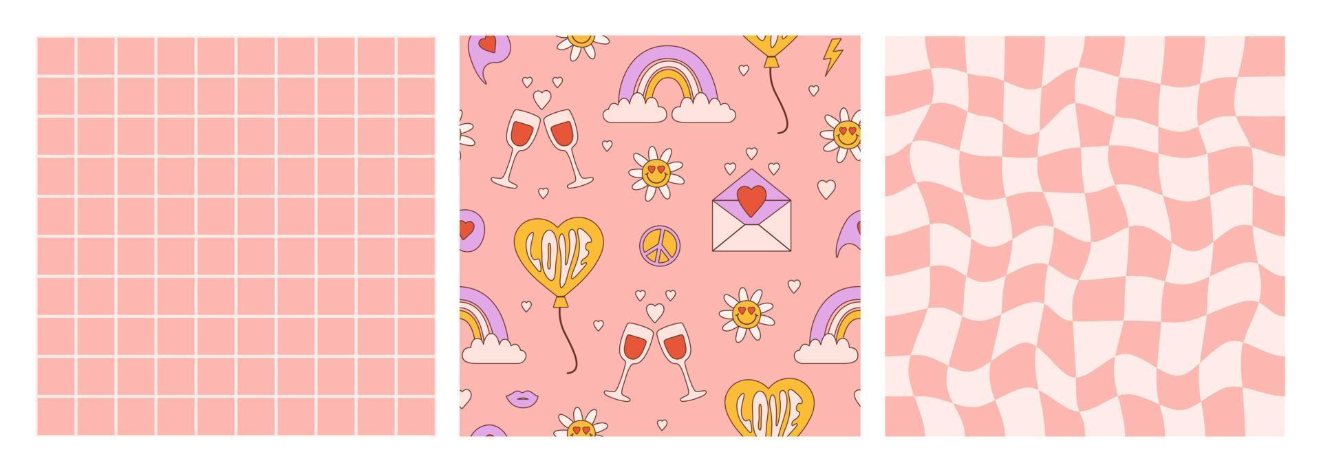 Groovy romantic set seamless patterns. Vector texture in trendy retro 60s, 70s cartoon style. Pastel colors