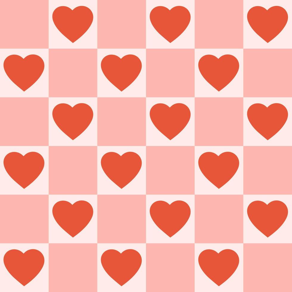 Monochrome seamless pattern with hearts on a checkered background. Modern retro illustration for decoration. Aesthetic vector print in style 60s, 70s.