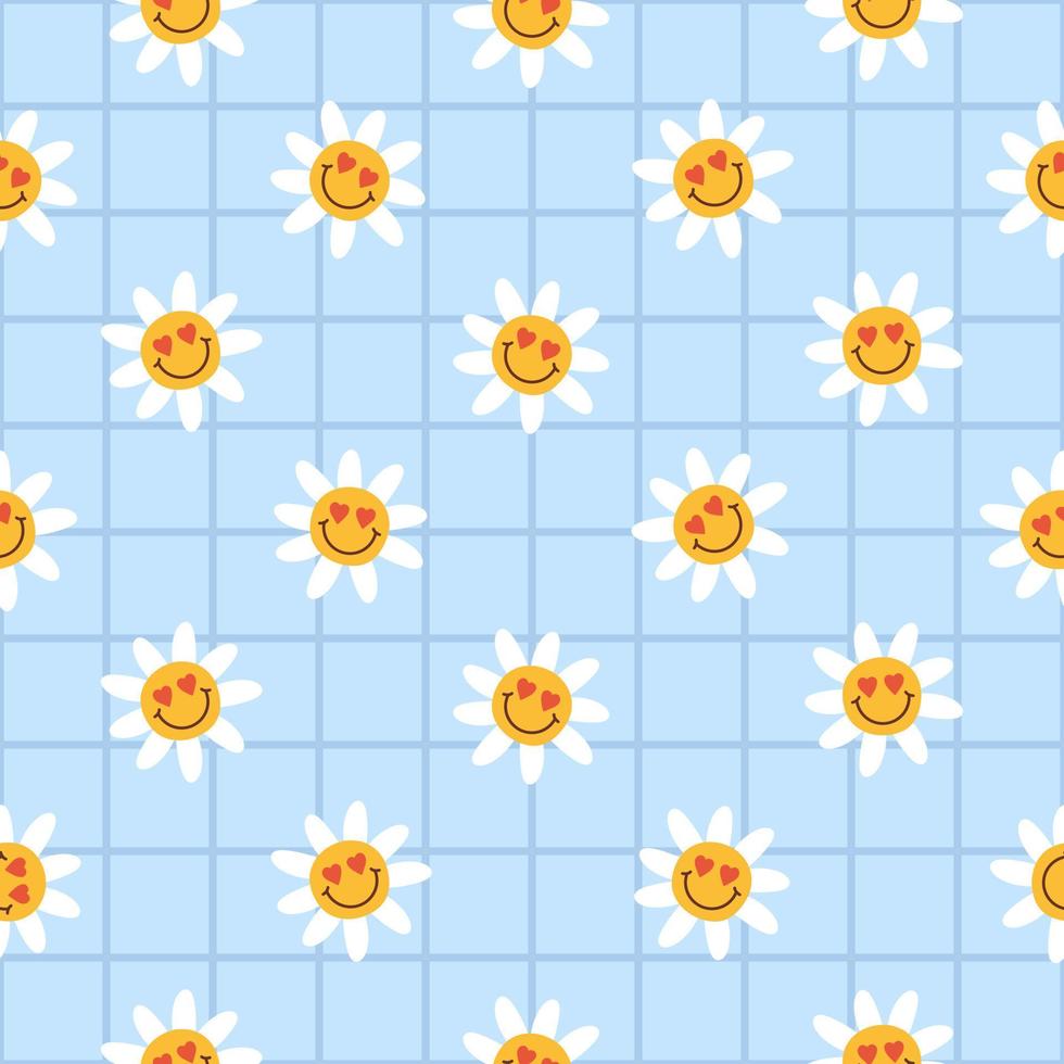 Retro groovy seamless pattern with smiling flowers on a blue checkered background. Cute colorful trendy vector illustration in style 60s, 70s