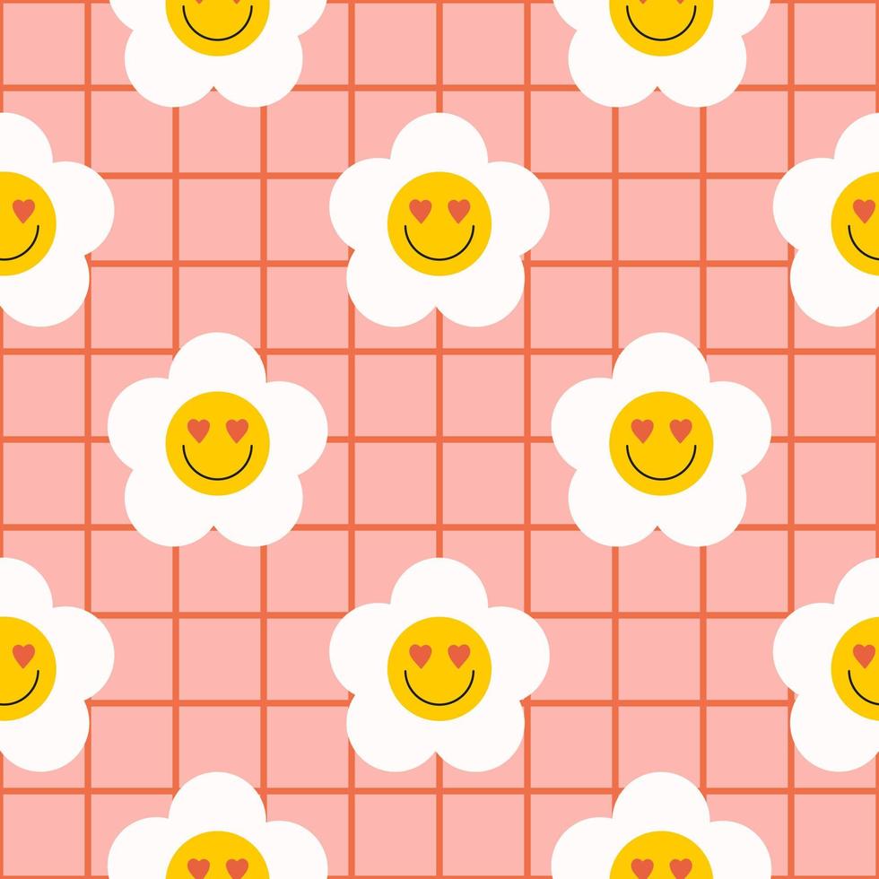 Retro groovy seamless pattern with smiling flowers on a checkered background. Cute colorful trendy vector illustration in style 60s, 70s