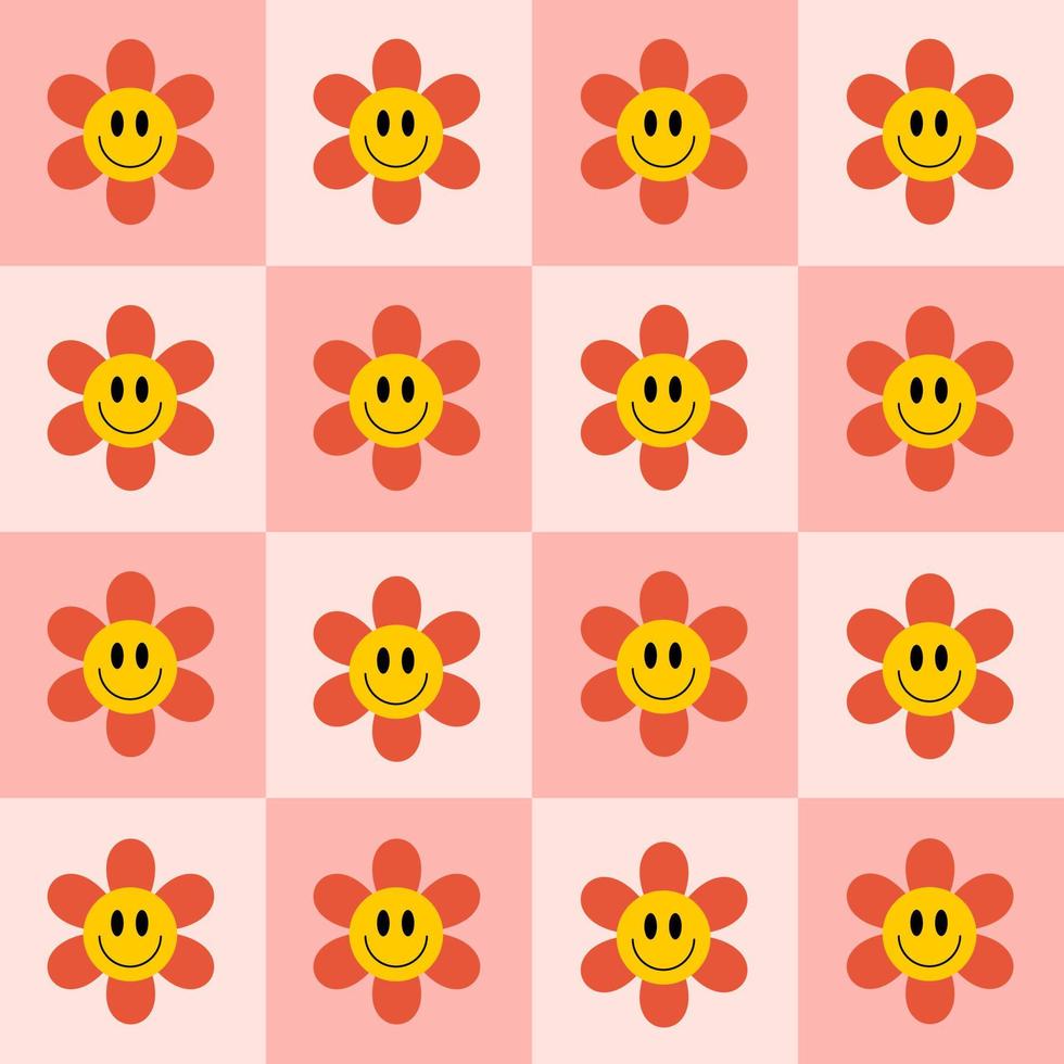 Retro groovy seamless pattern with smiling flowers on a checkered background. Cute colorful trendy vector illustration in style 60s, 70s