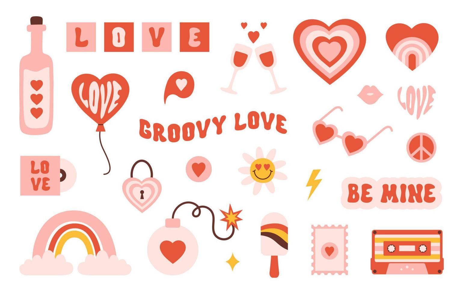 Retro groovy valentines day sticker set in style 60s, 70s. Trendy vintage icons isolated on a white background. Vector illustration