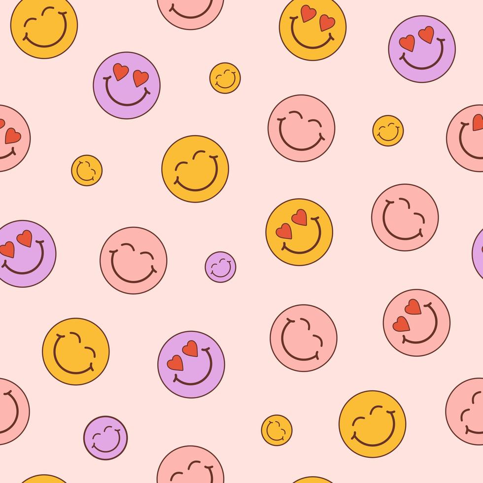 Groovy seamless pattern with smiling faces on a pastel background. Abstract colorful print in style 60s, 70s. Trendy vector illustration for kids.