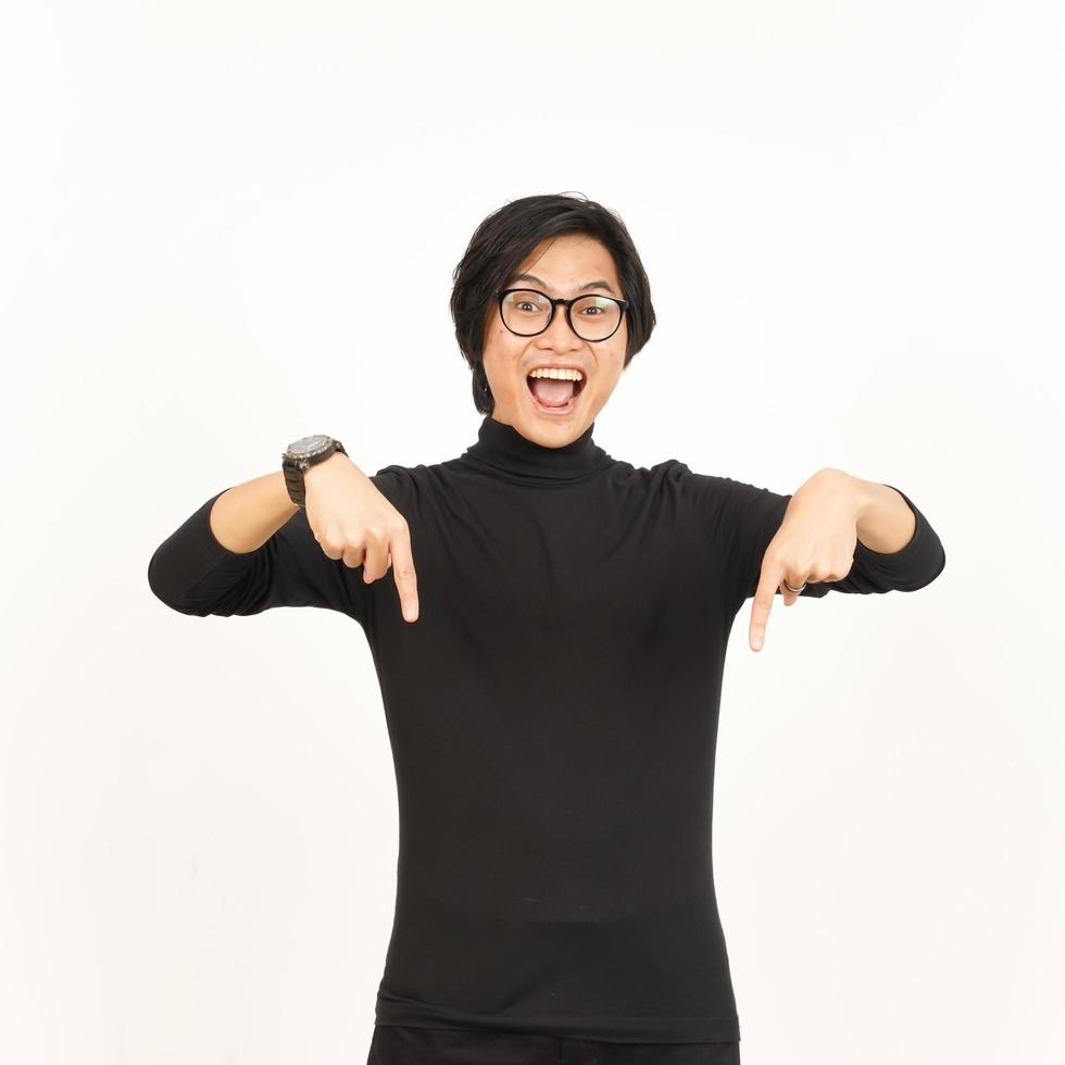 Showing Product and Pointing Down Of Beautiful Asian Man Isolated On White Background photo
